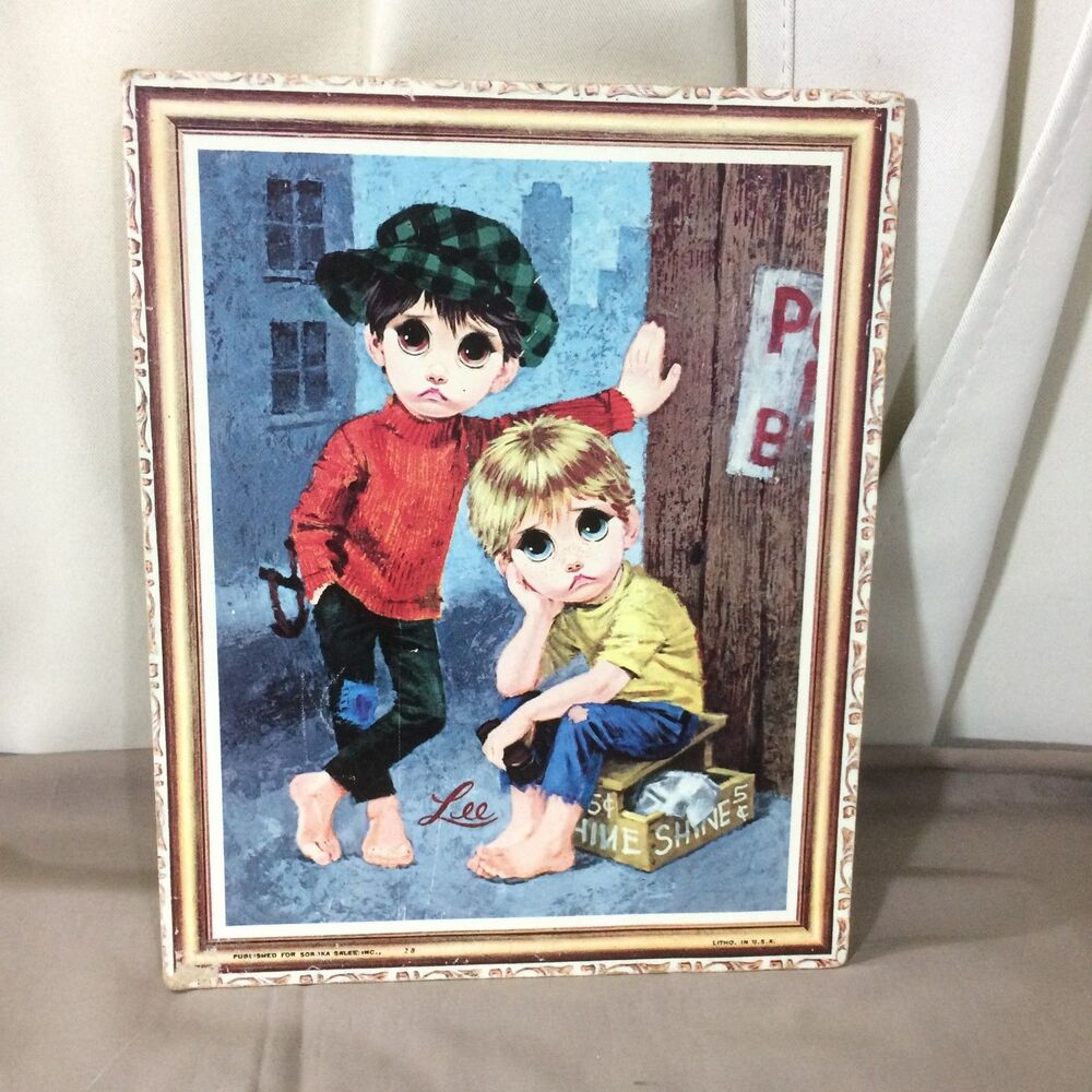 Vintage 60s/70s Big Eyes Boys Shoeshine Litho Wall Plaque Artist Lee Soroka 8x10
